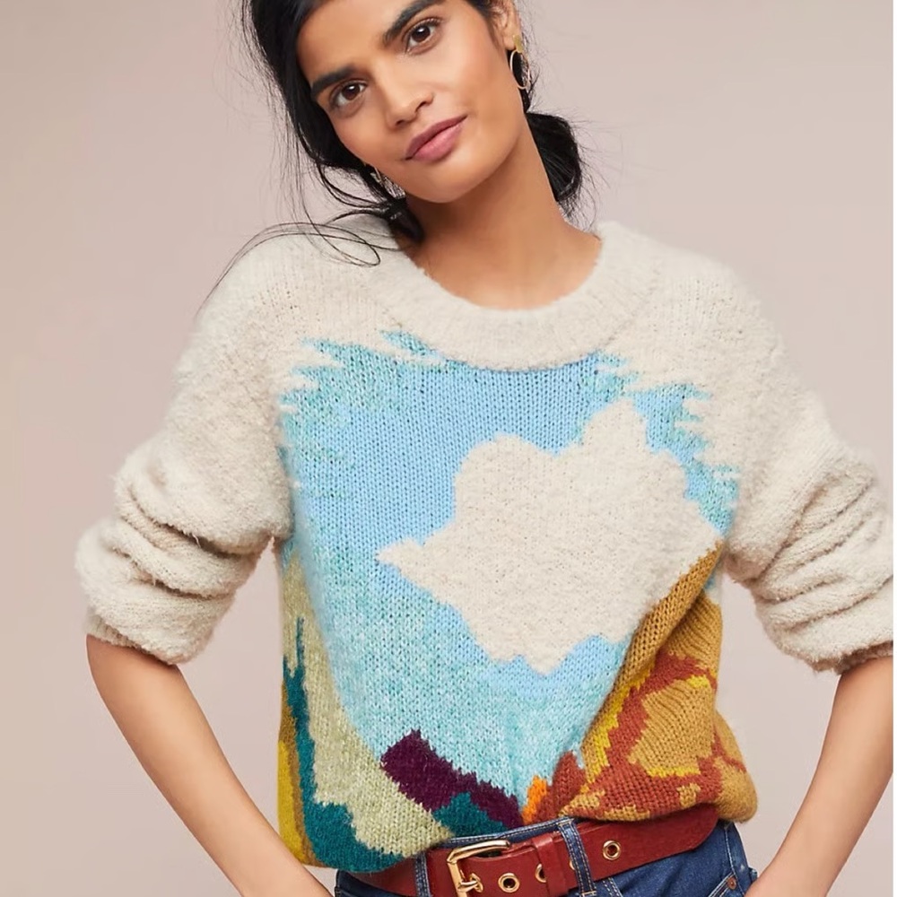 Sleeping On Snow Anthropologie Sweater Knit Novelty Landscape Scene Pullover XXS